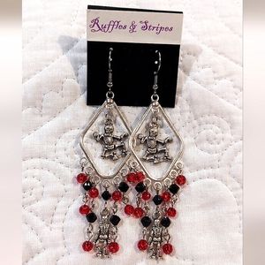 Ruffles & Stripes Chandelier Skeleton Red and Black Glass Bead Earrings NWT
